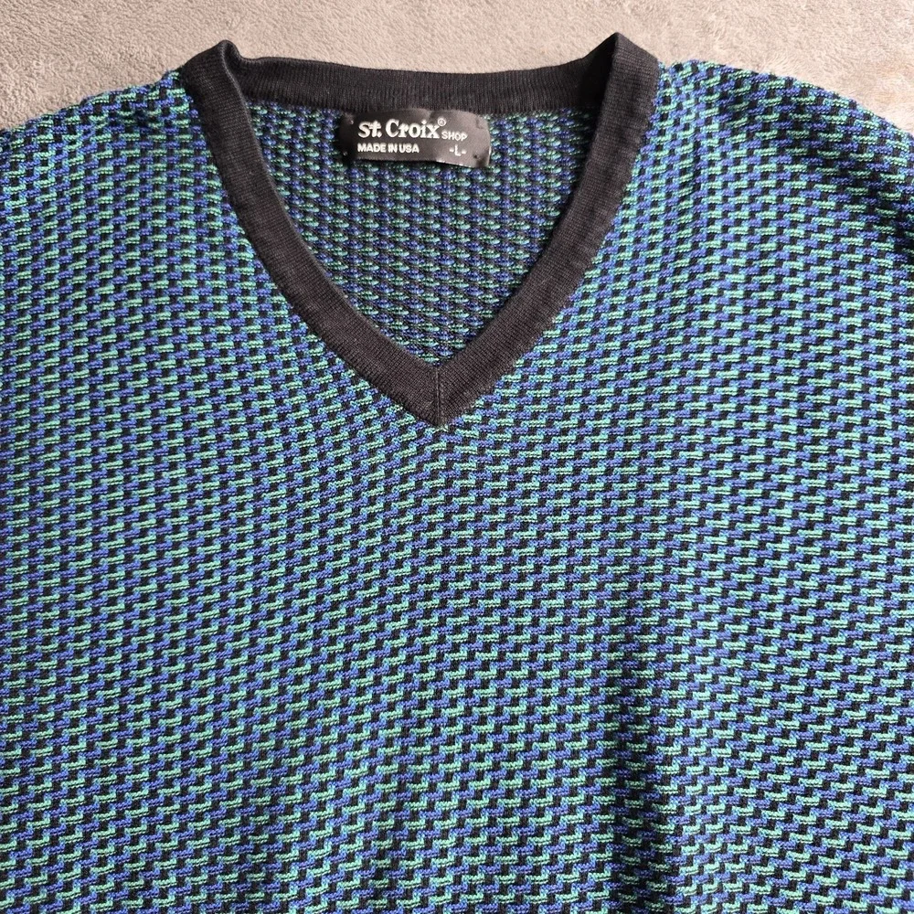Vintage St Croix Sweater Mens Large Blue Green Geometric Long Sleeve Made In USA